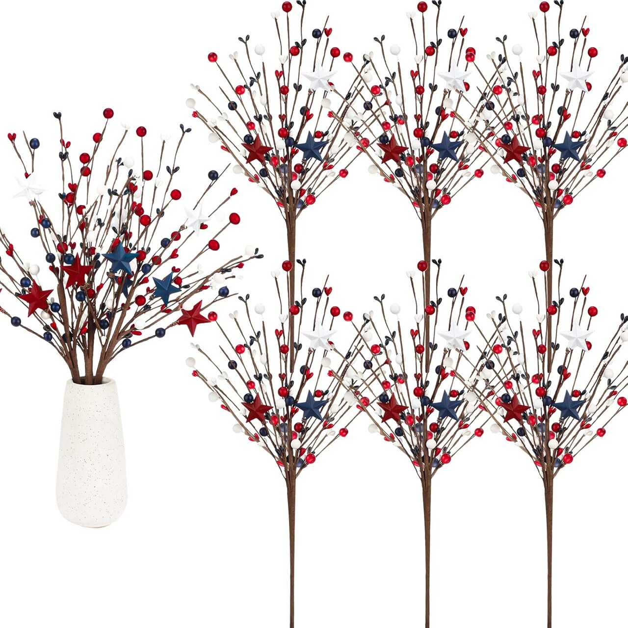 6 Pcs 4th of July Decorations Patriotic Artificial Berry Stem Picks 13'' Independence Day Decor White Blue Red Stars Memorial Day Faux Berry Branches Table Centerpiece Decor for Home Office
